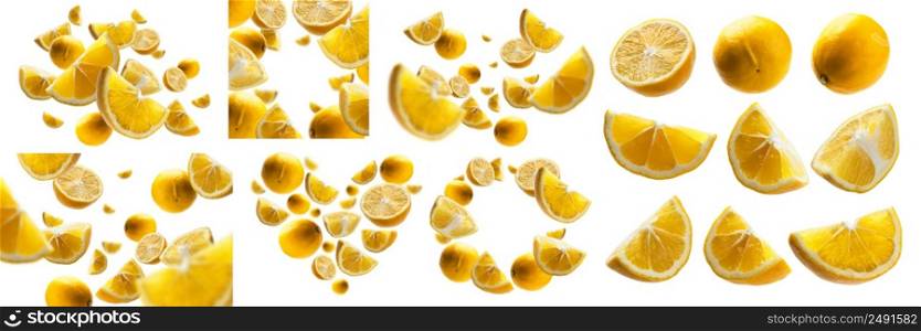 A set of photos. Yellow lemons levitate on a white background.. A set of photos. Yellow lemons levitate on a white background