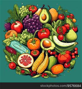 A set of products in a circle, healthy food. Fruits, vegetables and nuts. Cartoon flat illustration