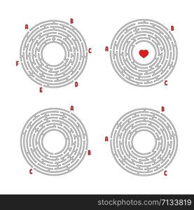 A set of round mazes. Game for kids. Puzzle for children. Labyrinth conundrum. Flat vector illustration isolated on white background.