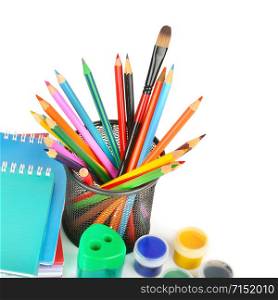 A set of school and office supplies isolated on a white background. Free space for text.