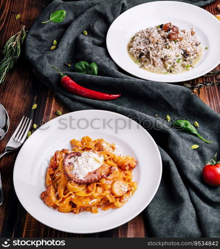 A set of seafood dishes. Pasta, bulgur, rice, couscous.