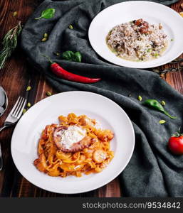 A set of seafood dishes. Pasta, bulgur, rice, couscous.