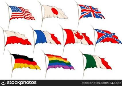 a set of several different flags of countries, movements and more
