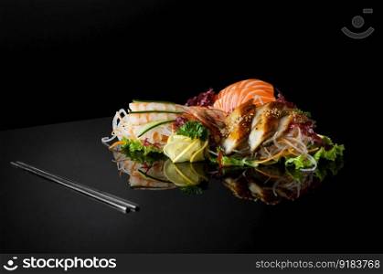 a set of sushi with shrimps and chopsticks on a black background with reflection. sushi on black background
