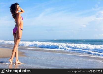 A sexy young brunette woman or girl wearing a purple bikini on a deserted tropical beach with a blue sky