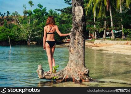 A sexy young woman wearing a bikini is relaxing by a tree on a tropical beach