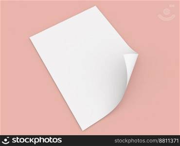 A sheet of A4 paper from a curled edge on a pink background. 3d render illustration.. A sheet of A4 paper from a curled edge on a pink background. 