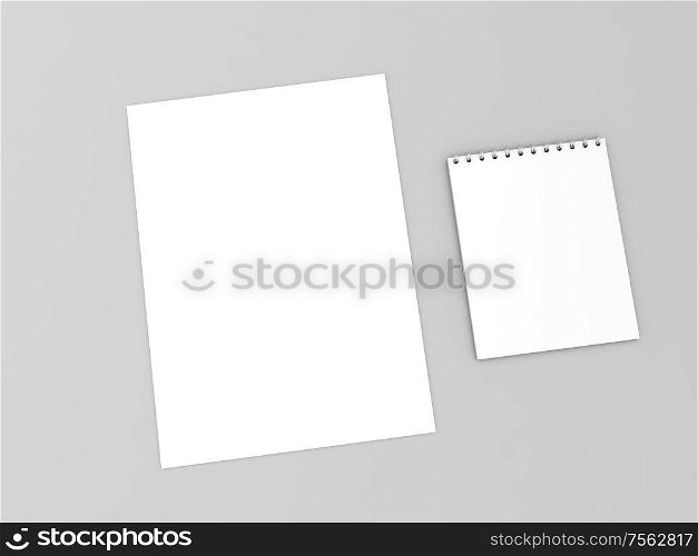 A sheet of paper and a notebook on a gray background. 3d render illustration.. A sheet of paper and a notebook on a gray background.