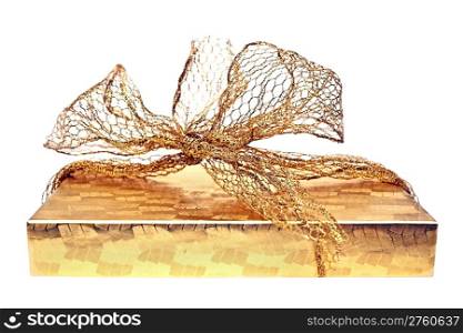 A shiny golden foil gift box with bow on top.