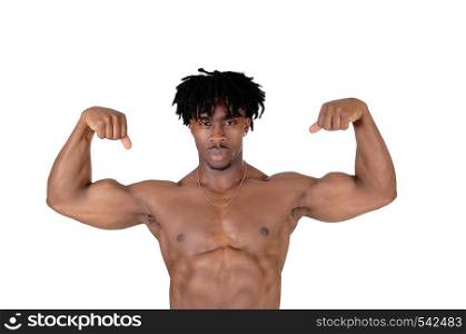 A shirtless African man standing with his arms up and flexing his bicepswith his fuzzy black hair, isolated for white background
