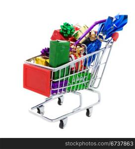 a Shopping cart full of different presents on a white background