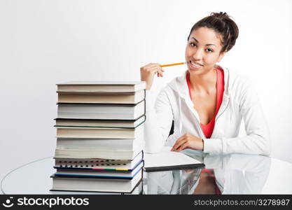 A shot of a beautiful black college student studying