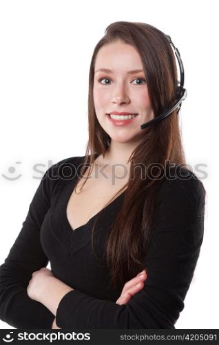 A shot of a beautiful caucasian businesswoman wearing a phone headset