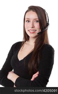 A shot of a beautiful caucasian businesswoman wearing a phone headset