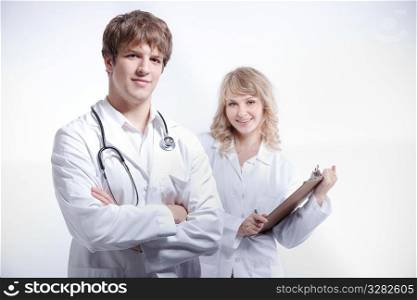 A shot of a caucasian doctor and nurse
