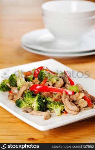 A shot of a chicken broccoli chinese food