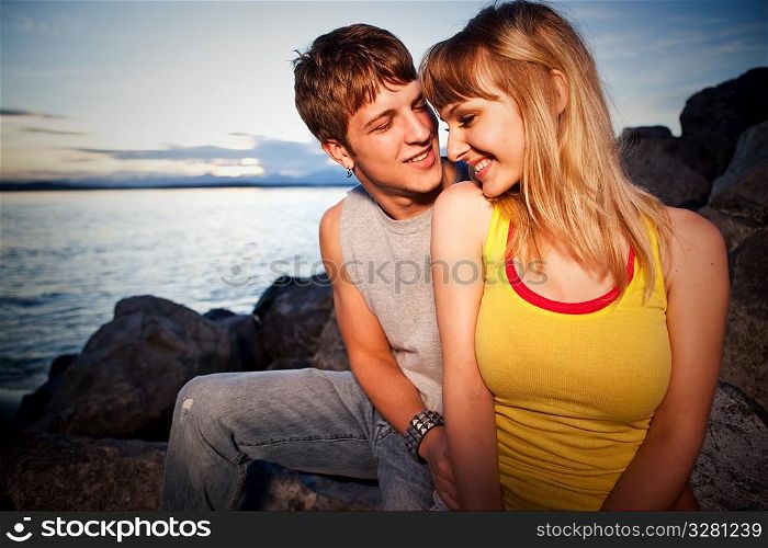 A shot of a young caucasian couple in love outdoor