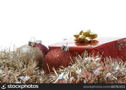 A shot of christmas gifts and ornaments with copyspace