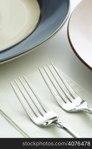 A shot of plates and forks on a dining table