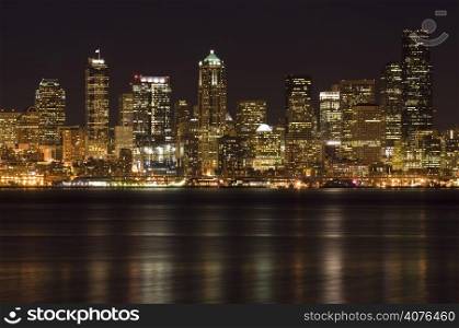 A shot of Seattle downtown buildings at night
