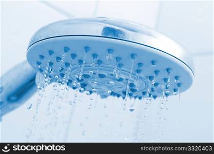 A shower head with running water