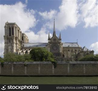 A side view of the majestic Notre Dame, Paris, France