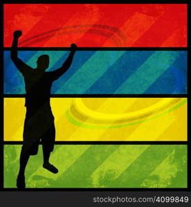 A silhouette of a man posing with his arms in the air over a colorful background.