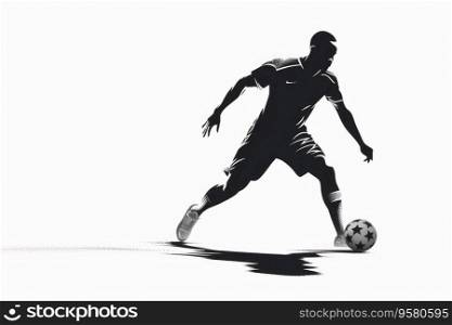 A silhouette of a soccer player with a ball isolated on a white background