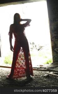 A silhouette of a woman in a lace dress standing in a decrepit building