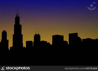 A silhouette of modern downtown buildings and skyscrapers