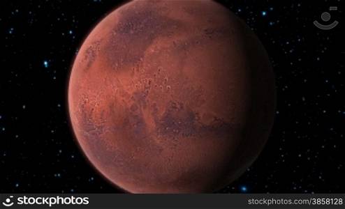 A silhouette of planet Mars and the sun behind it, then orbiting around to reveal the bright side of the Red Planet. Includes a glowing red atmosphere, lens flare on the sun, and star background.See my portfolio for more quality space animations. Textu