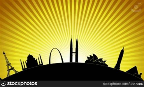 A silhouette of some of the world&acute;s most famous landmarks against a rising sun
