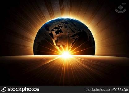 a silhouette of the sun rising over a globe, with rays of light illuminating the world, created with generative ai. a silhouette of the sun rising over a globe, with rays of light illuminating the world