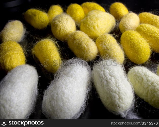 a silkworm cocoons of many colors in the foreground