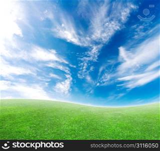 A simple tranquil beautiful S-curved horizon with blue sky and green grass.