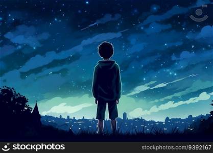 A single boy looking at the city skyline and starry blue sky, generative ai