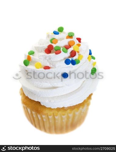 A single cupcake heaped with icing and colorful candy sprinkles. Shot on white background.
