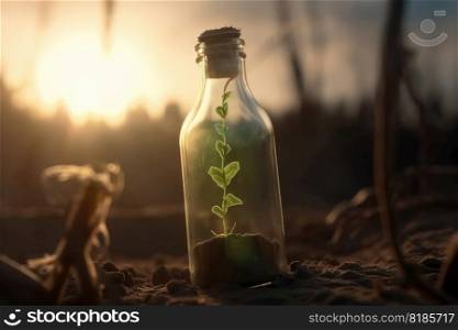 A single green seedling in a glass bottle on an apocalyptic dry ground created with generative AI technology