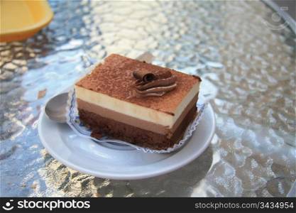 A single piece of chocolate cake on a small plate