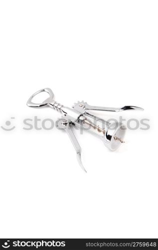 A single shiny corkscrew made from stainless steel on white background.