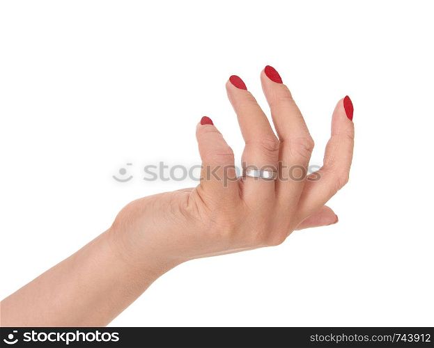 A single woman?s hand with a silver ring and red fingernail?s isolated forwhite background, body part