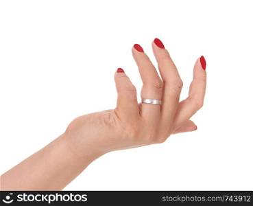 A single woman?s hand with a silver ring and red fingernail?s isolated forwhite background, body part