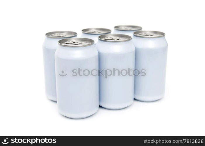 A six pac of off-white beverage cans on a white background