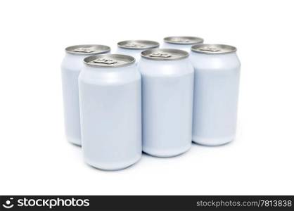 A six pac of off-white beverage cans on a white background