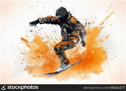A skater doing a watercolour splash on an orange background picture, in the style of detailed illustrations. Generative AI. A skater doing a watercolour splash on an orange background picture, in the style of detailed illustrations. Generative AI.