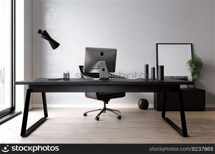 a sleek and minimalist office, with a large desk and modern chair, created with generative ai. a sleek and minimalist office, with a large desk and modern chair