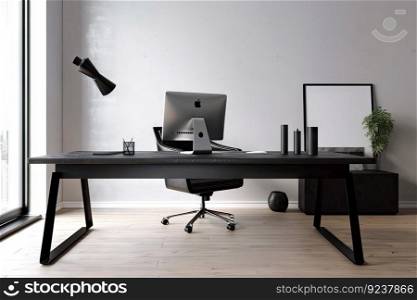 a sleek and minimalist office, with a large desk and modern chair, created with generative ai. a sleek and minimalist office, with a large desk and modern chair