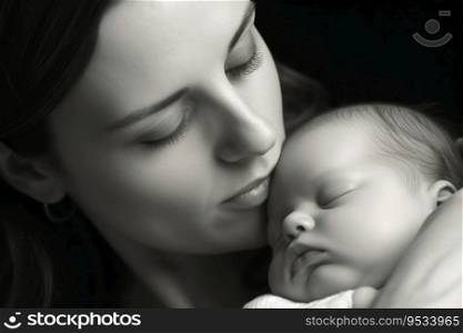 A sleeping baby and her mother created with generative AI technology