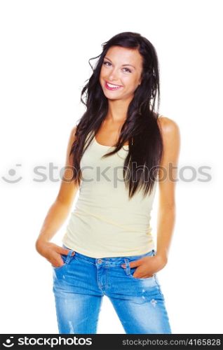 a slender young woman is happy and smiling at the camera