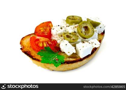 A slice of bread with cheese, tomato and olives isolated on white background